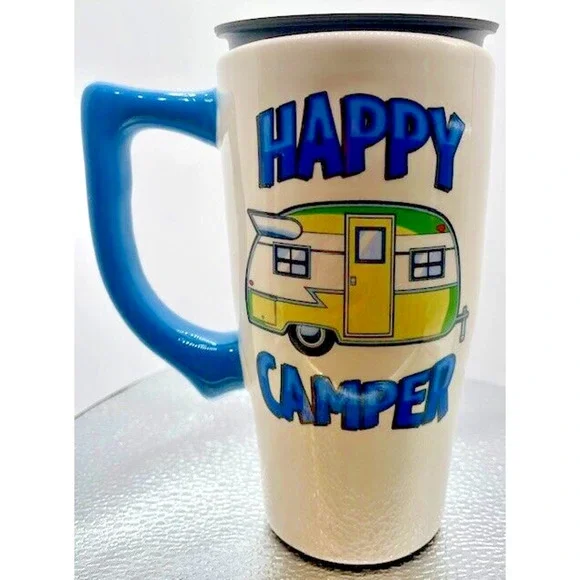 Ceramic Happy Camper 16oz Travel Mug, Coffee Or Tea Cup with Lid - Picture 3 of 10
